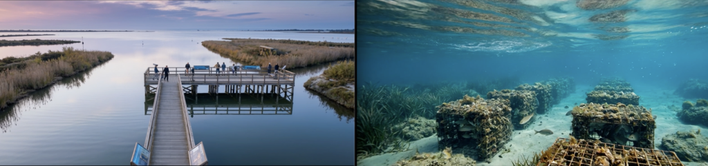 Visualisation photoréaliste générée par intelligence artificielle du futur observatoire du littoral et des nurseries sous-marines du Pôle Nautisme Mer à Port-Saint-Louis-du-Rhône.