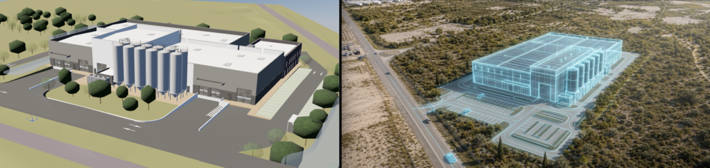Maquette 3D du bâtiment Eranova et visualisation en wireframe générée par intelligence artificielle sur son futur site d'implantation à Port-Saint-Louis-du-Rhône.
