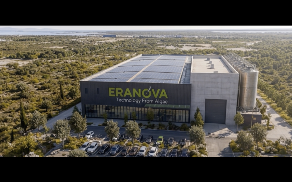 Vue photoréaliste du futur bâtiment Eranova générée par intelligence artificielle à partir d'une modélisation 3D sur le site du Pôle Nautisme Mer à Port-Saint-Louis-du-Rhône.